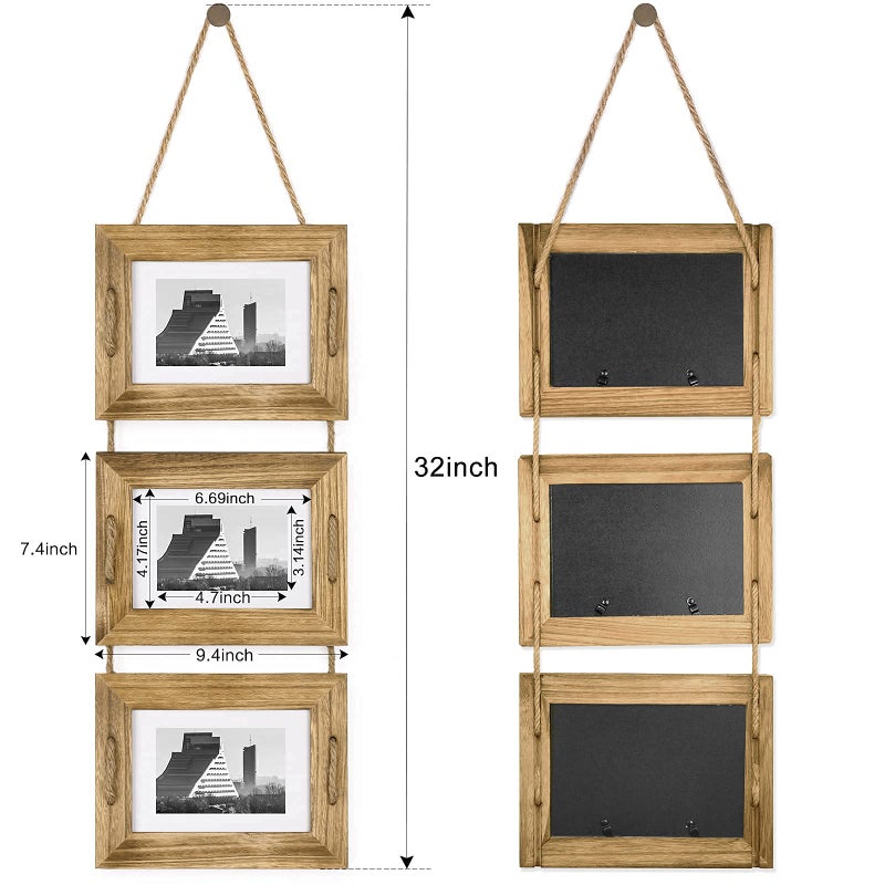 DLQuarts 5x7 Hanging Picture Frames Collage Wall Decor, 3-Opening Photo Frames 5x7 without Mat & 3.5x5 with Mat, Rustic Wood, Carbonized Black - Image 5